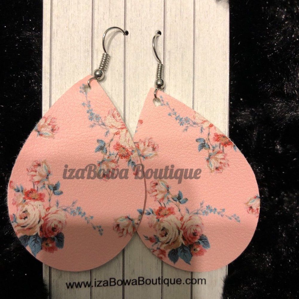 Pink Floral Teardrop Faux Leather Earring   ER2964  new